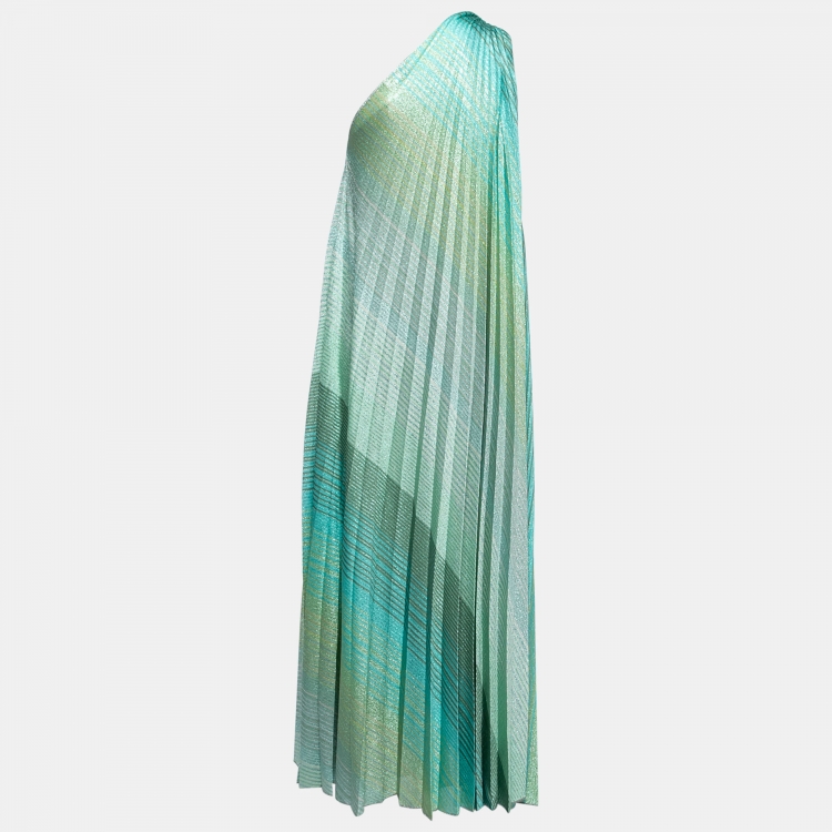 Pre Owned Missoni Aqua Green Lurex Knit Plisse One Shoulder Maxi Dress S