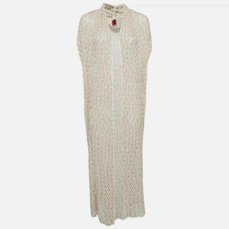 Pre Owned Missoni Cream Patterned Lurex Knit Open Front Long Cardigan M