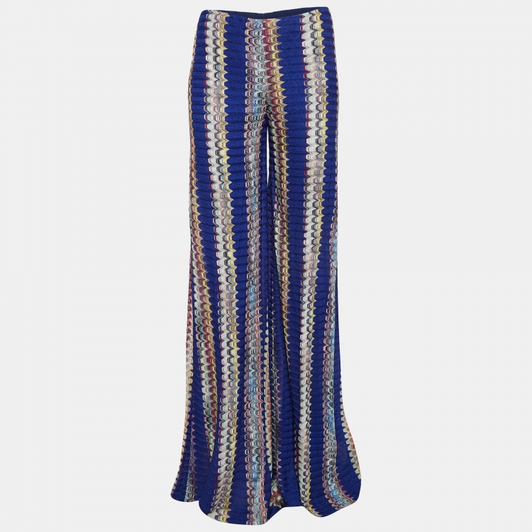 Pre Owned Missoni Blue Chevron Knit Wide Flared Pants M