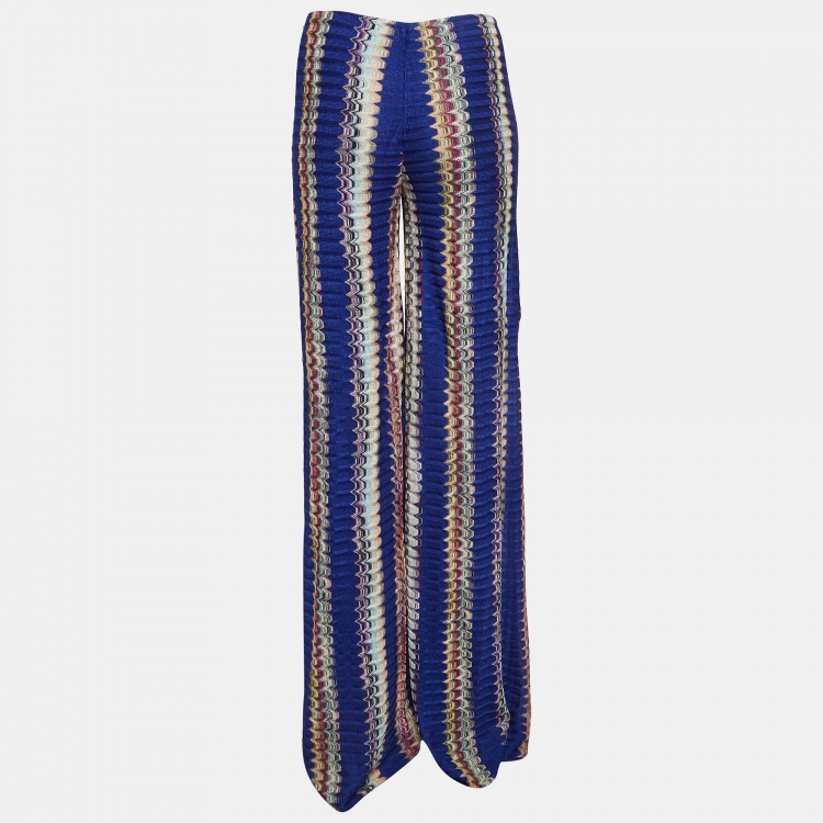Pre Owned Missoni Blue Chevron Knit Wide Flared Pants M