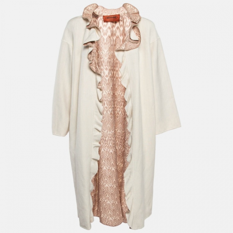 Pre Owned Missoni Cream Silk and Linen Ruffled Open Front Coat M