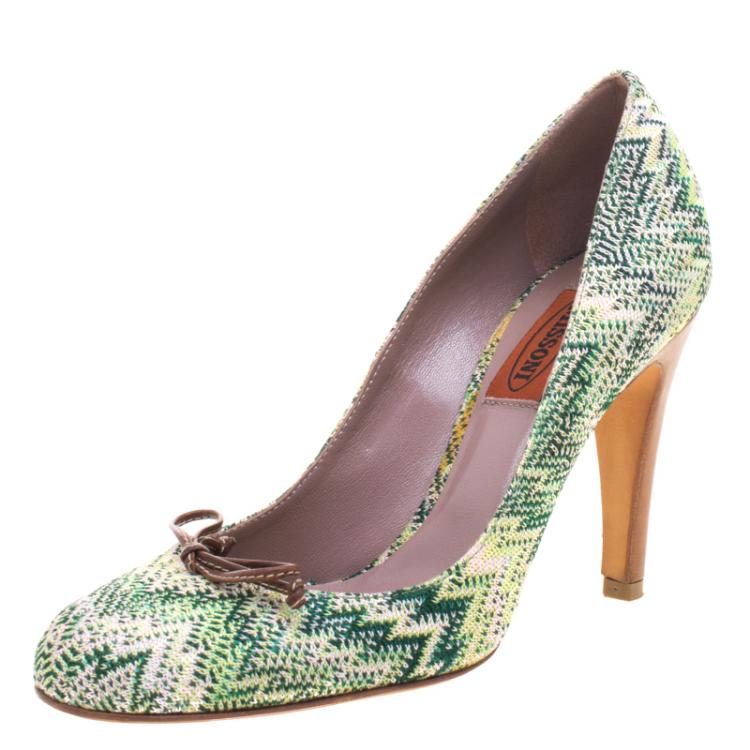 Pre Owned Missoni Green Patterned Knit Fabric Bow Pumps Size 36.5