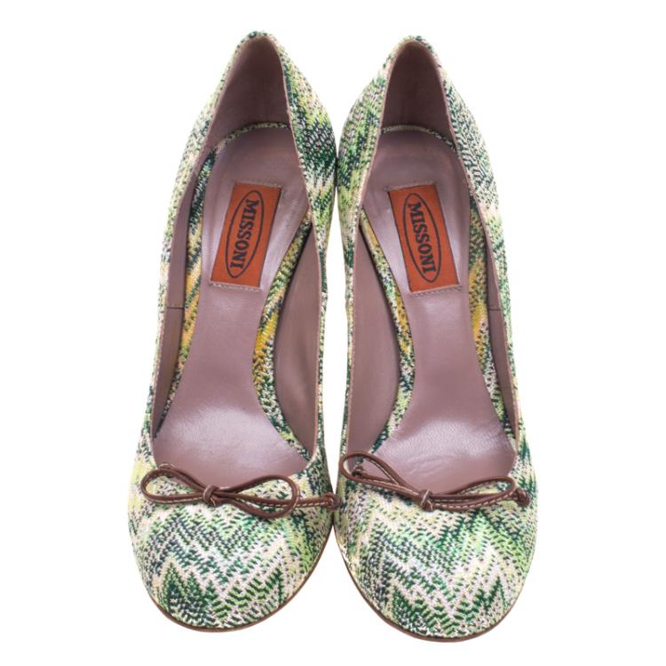 Pre Owned Missoni Green Patterned Knit Fabric Bow Pumps Size 36.5