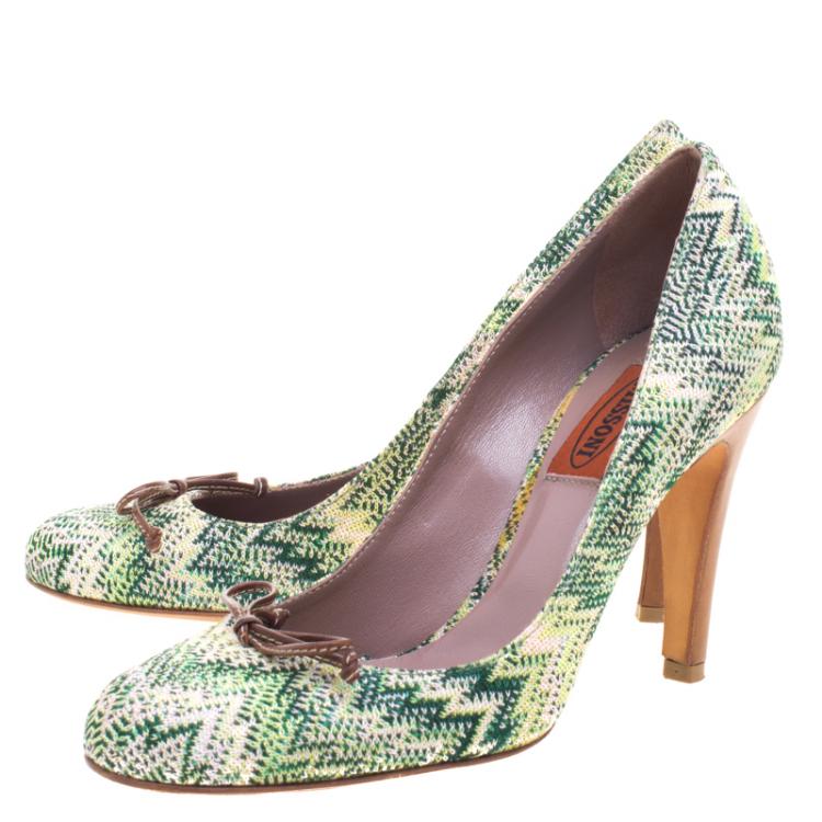 Pre Owned Missoni Green Patterned Knit Fabric Bow Pumps Size 36.5