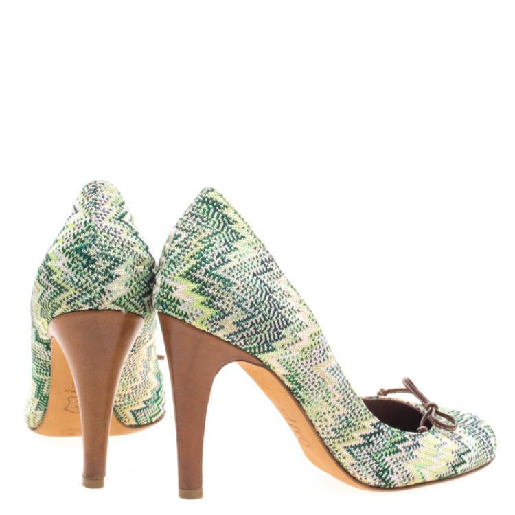 Pre Owned Missoni Green Patterned Knit Fabric Bow Pumps Size 36.5