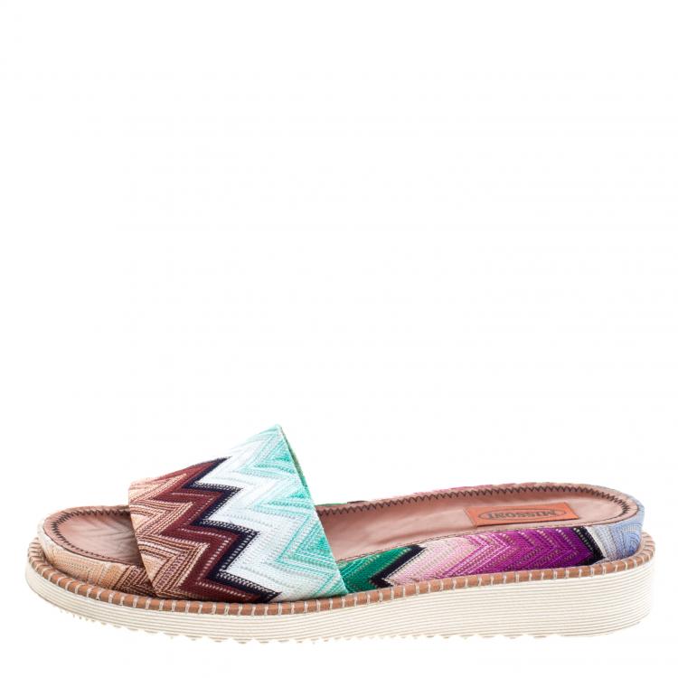 Pre Owned Missoni Multicolor Zig-Zag Print Fabric Slides Size 39