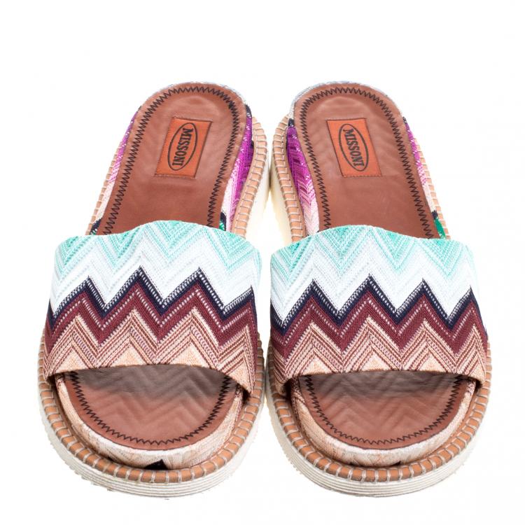 Pre Owned Missoni Multicolor Zig-Zag Print Fabric Slides Size 39