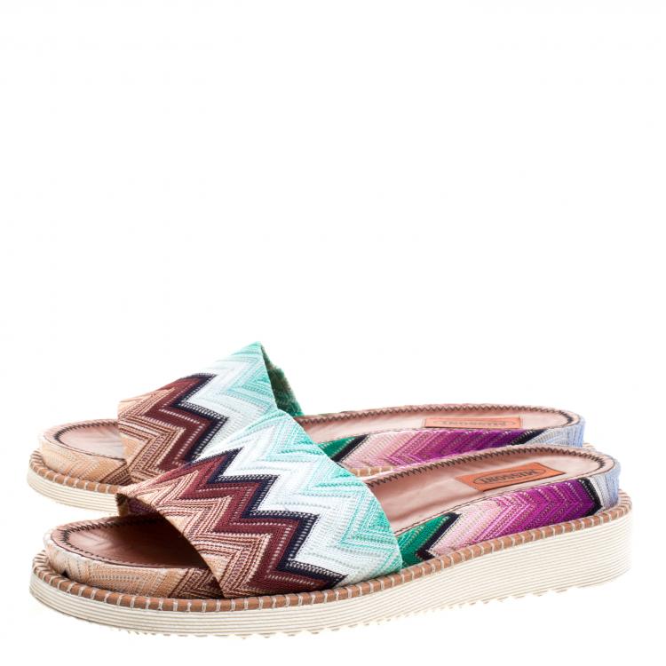 Pre Owned Missoni Multicolor Zig-Zag Print Fabric Slides Size 39