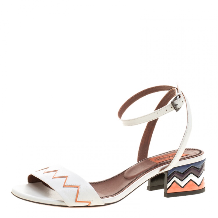 Pre Owned Missoni White Leather Zig Zag Ankle Strap Sandals Size 38