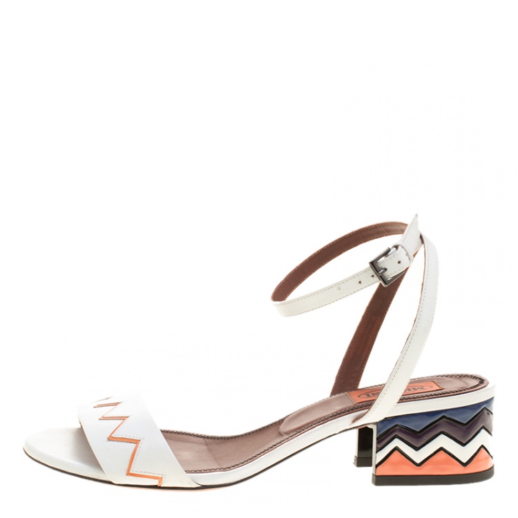 Pre Owned Missoni White Leather Zig Zag Ankle Strap Sandals Size 38