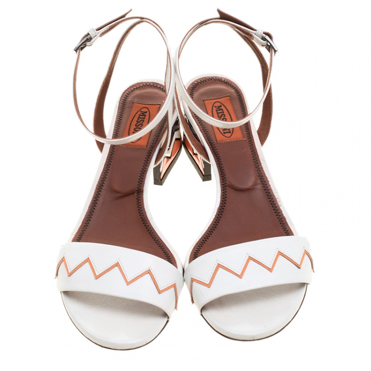 Pre Owned Missoni White Leather Zig Zag Ankle Strap Sandals Size 38