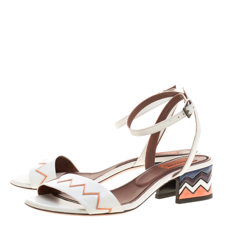 Pre Owned Missoni White Leather Zig Zag Ankle Strap Sandals Size 38