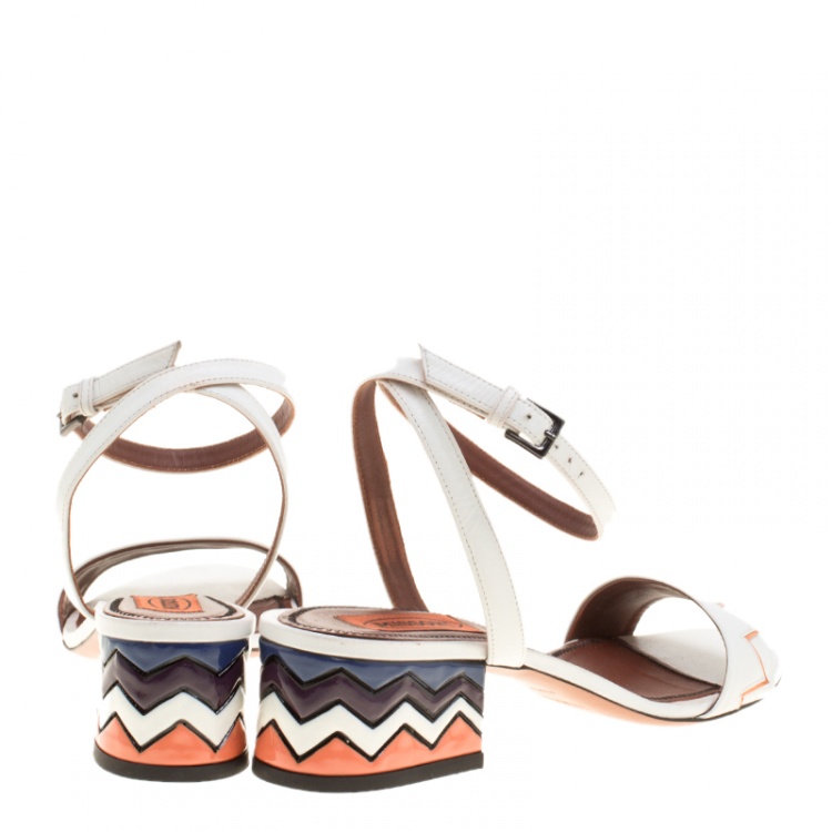 Pre Owned Missoni White Leather Zig Zag Ankle Strap Sandals Size 38
