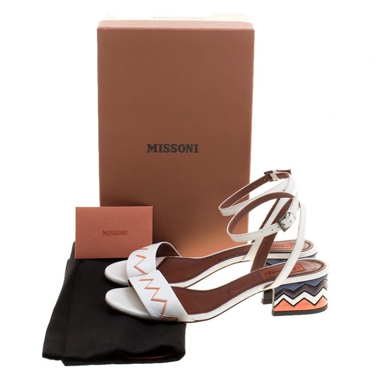 Pre Owned Missoni White Leather Zig Zag Ankle Strap Sandals Size 38