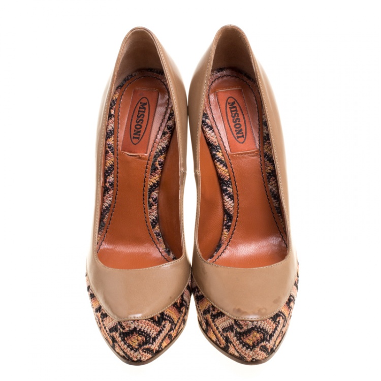 Pre Owned Missoni Beige Leather Knitted Platforms Pumps Size 36