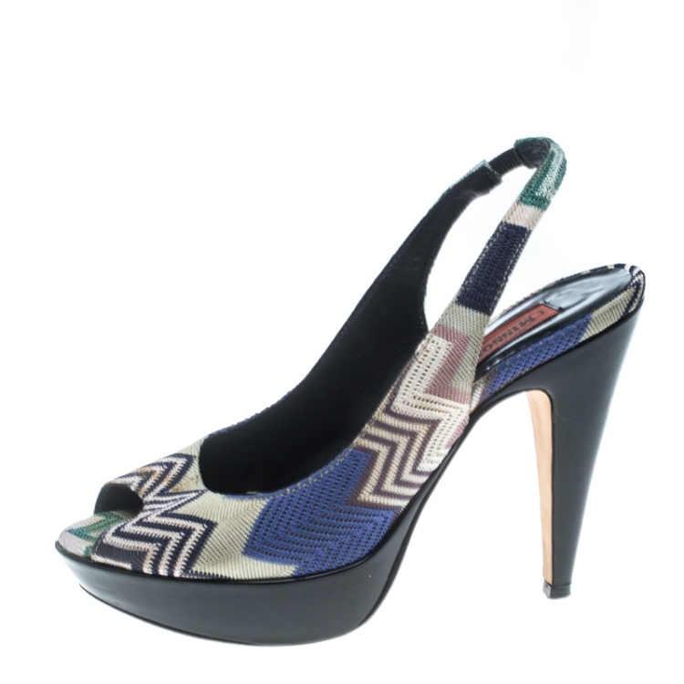 Pre Owned Missoni Multicolor Patterend Knit Peep Toe Slingback Sandals Size 38