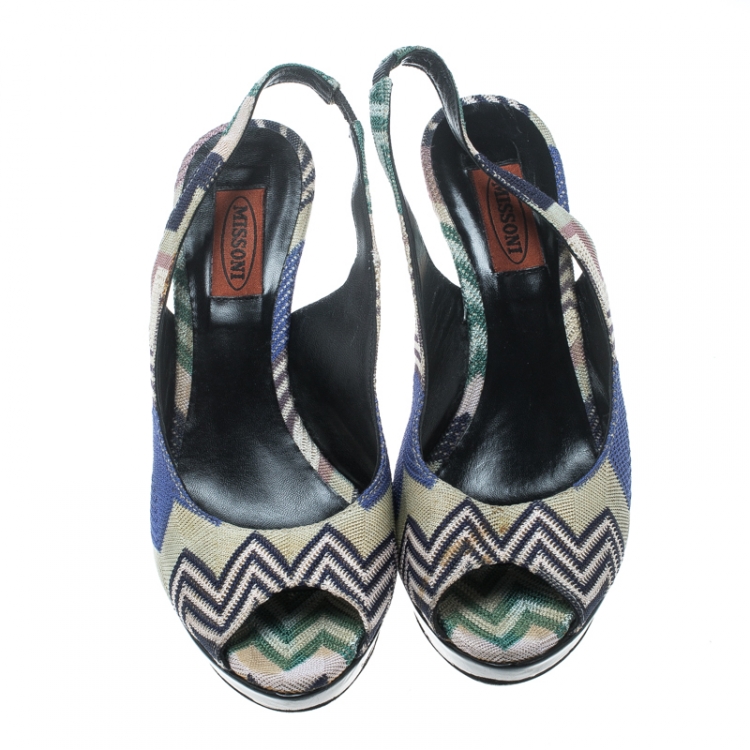 Pre Owned Missoni Multicolor Patterend Knit Peep Toe Slingback Sandals Size 38