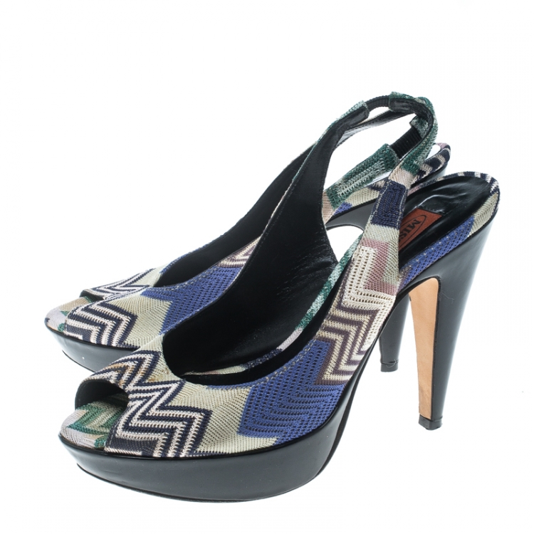 Pre Owned Missoni Multicolor Patterend Knit Peep Toe Slingback Sandals Size 38