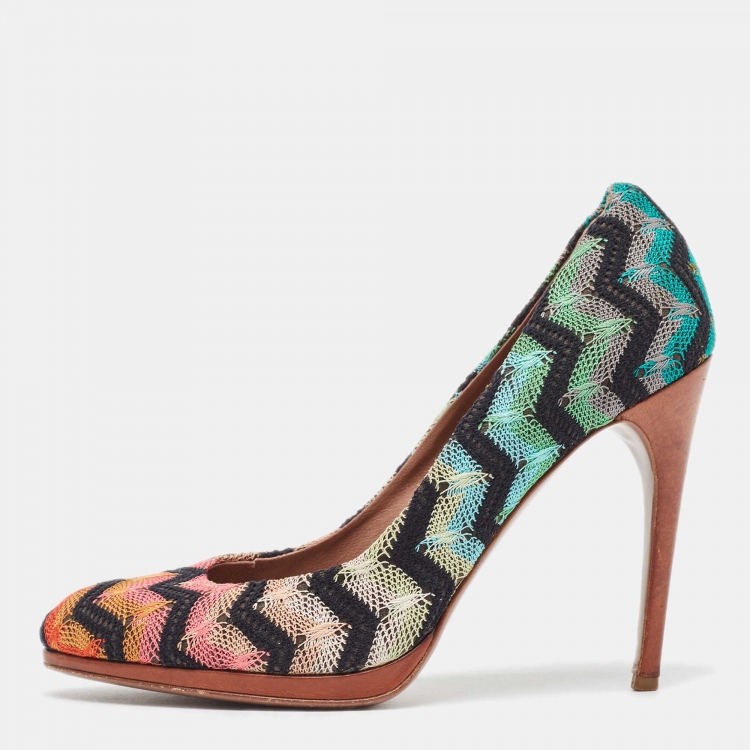 Pre Owned Missoni Multicolor Lace and Mesh Round Toe Pumps Size 38.5