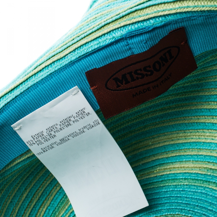Pre Owned Missoni Turquoise Blue & Yellow Stripes Straw Beach Hat XL