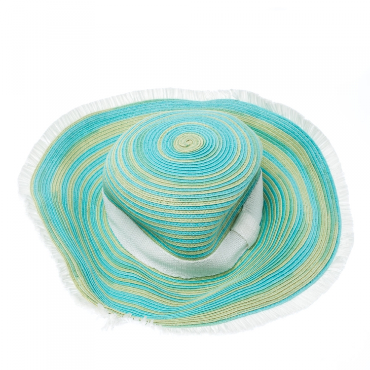 Pre Owned Missoni Turquoise Blue & Yellow Stripes Straw Beach Hat XL