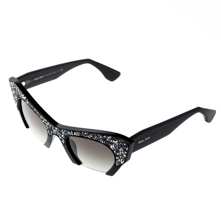 Pre Owned Miu Miu Black/ Black Gradient Crystal Embellished SMU 01Q Cut Out Sunglasses