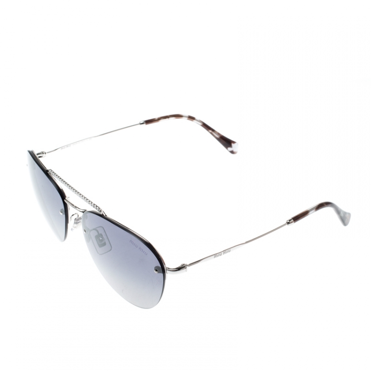 Pre Owned Miu Miu Silver/Blue Grey Gradient Silver Mirrored SMU54U Aviator Sunglasses