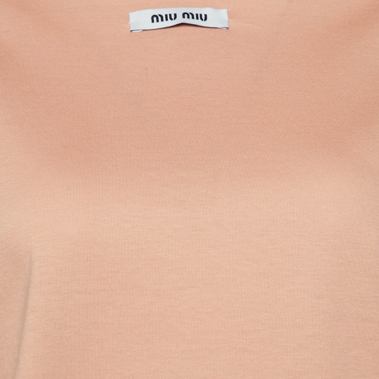 Pre Owned Miu Miu Powder Pink Cotton Logo Label Detail Cropped T-Shirt S