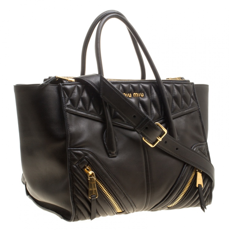 Pre Owned Miu Miu Black Matelasse Leather Biker Tote