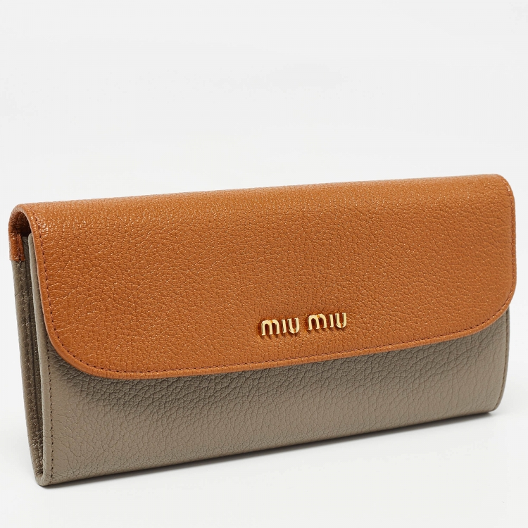 Pre Owned Miu Miu Brown/Grey Madras Leather Flap Continental Wallet