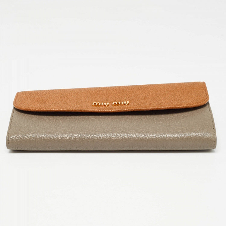 Pre Owned Miu Miu Brown/Grey Madras Leather Flap Continental Wallet