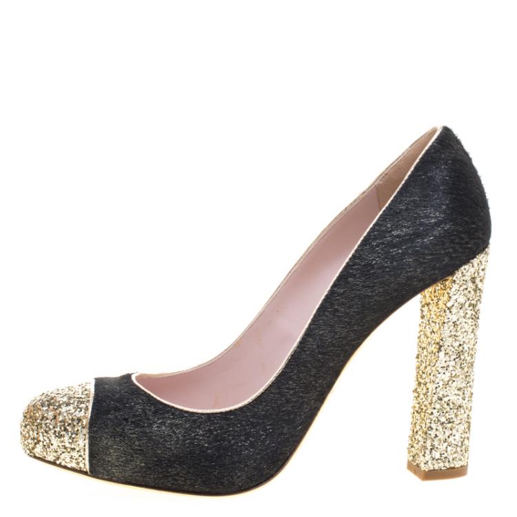 Pre Owned Miu Miu Black Metallic Calf Hair Glitter Trimmed Pumps Size 40