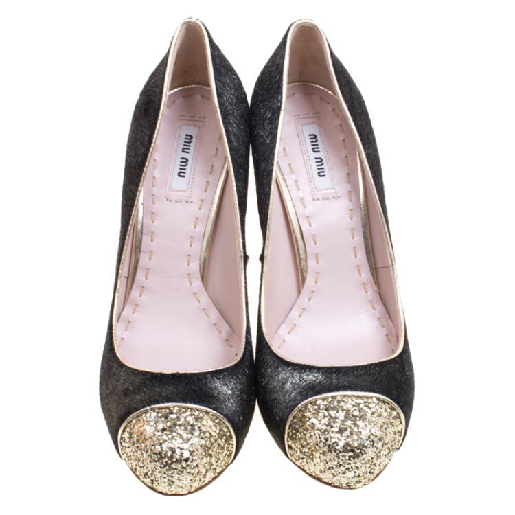 Pre Owned Miu Miu Black Metallic Calf Hair Glitter Trimmed Pumps Size 40
