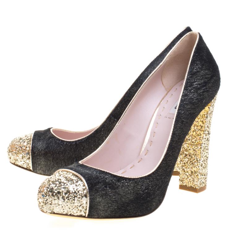 Pre Owned Miu Miu Black Metallic Calf Hair Glitter Trimmed Pumps Size 40