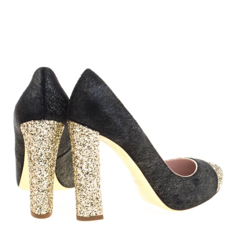 Pre Owned Miu Miu Black Metallic Calf Hair Glitter Trimmed Pumps Size 40