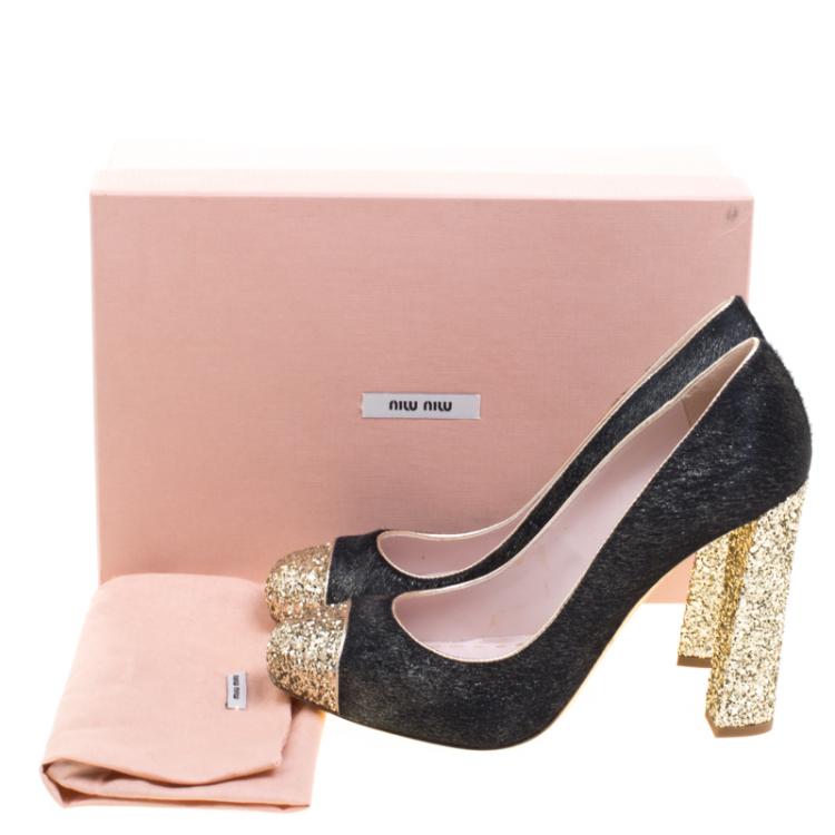 Pre Owned Miu Miu Black Metallic Calf Hair Glitter Trimmed Pumps Size 40