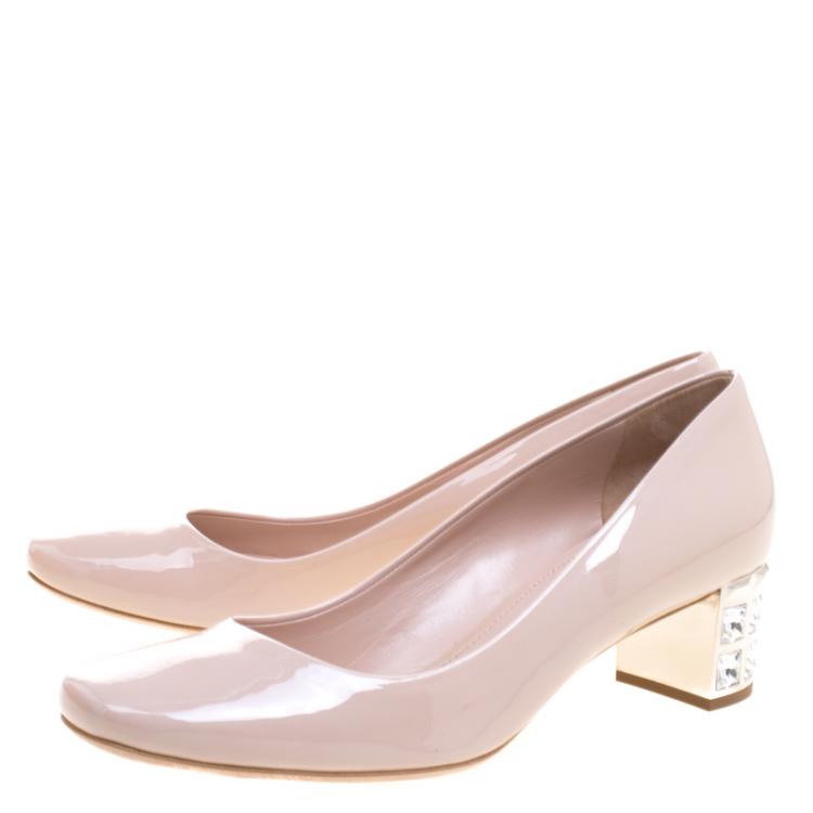 Pre Owned Miu Miu Beige Patent Leather Jeweled Block Heel Pumps Size 40.5