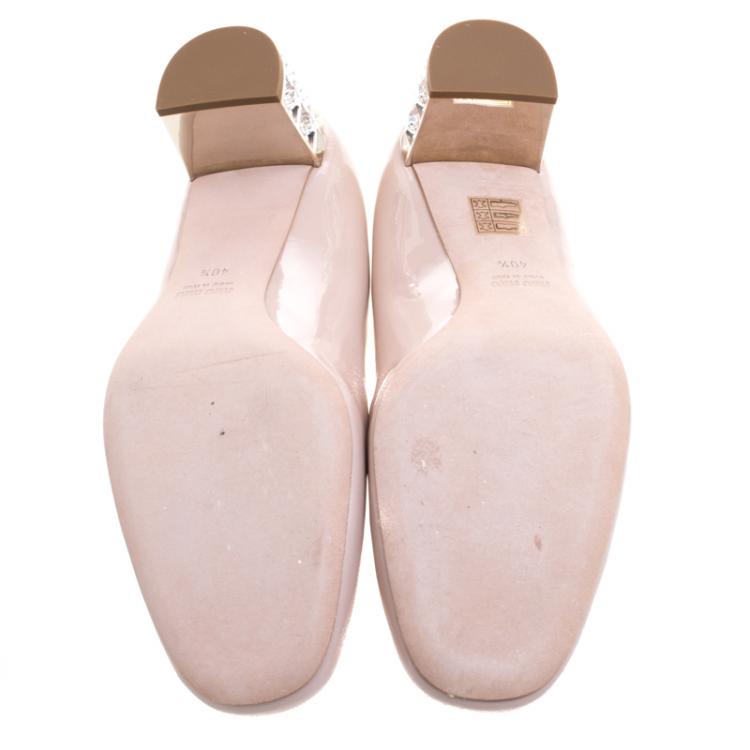 Pre Owned Miu Miu Beige Patent Leather Jeweled Block Heel Pumps Size 40.5