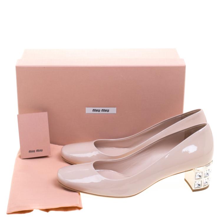Pre Owned Miu Miu Beige Patent Leather Jeweled Block Heel Pumps Size 40.5