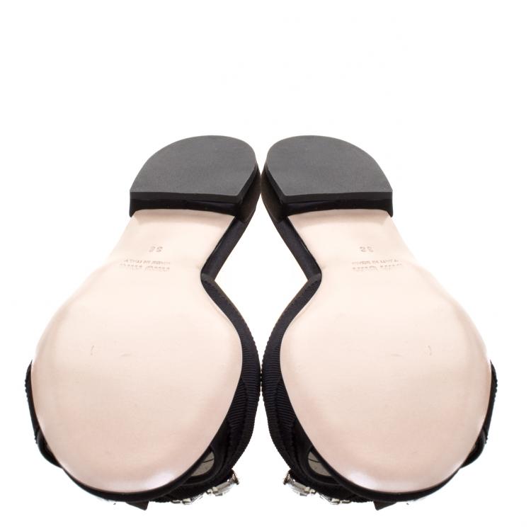 مملوكة مسبقًا Miu Miu Black Jeweled Satin Flat Slides Size 38