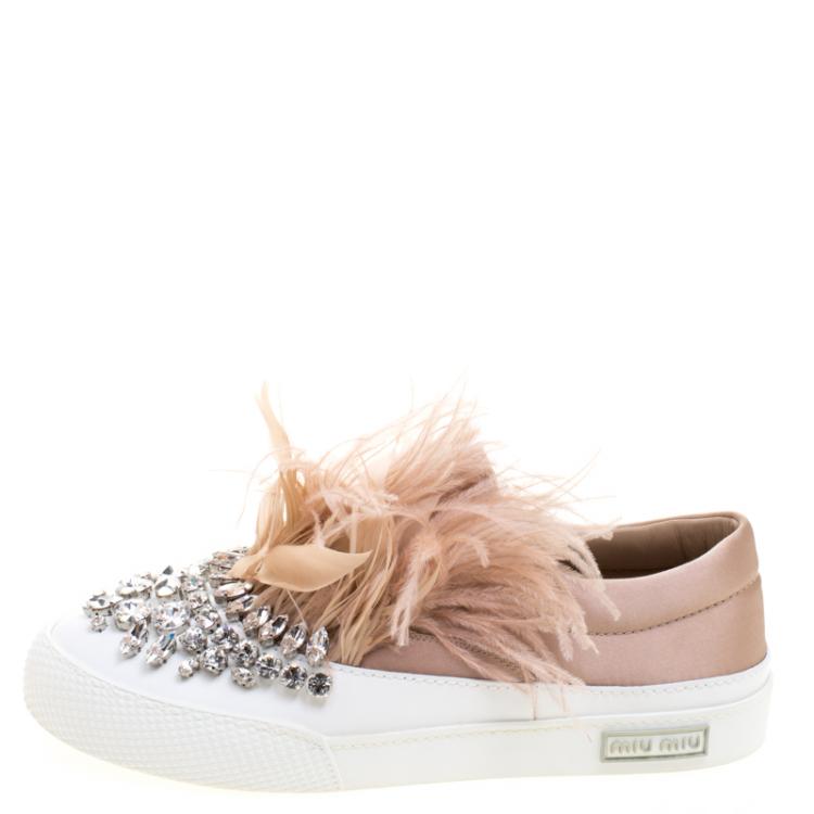 Pre Owned Miu Miu Blush Pink Crystal Embellished Satin With Marabou Feathers  Slip On Sneakers Size 38