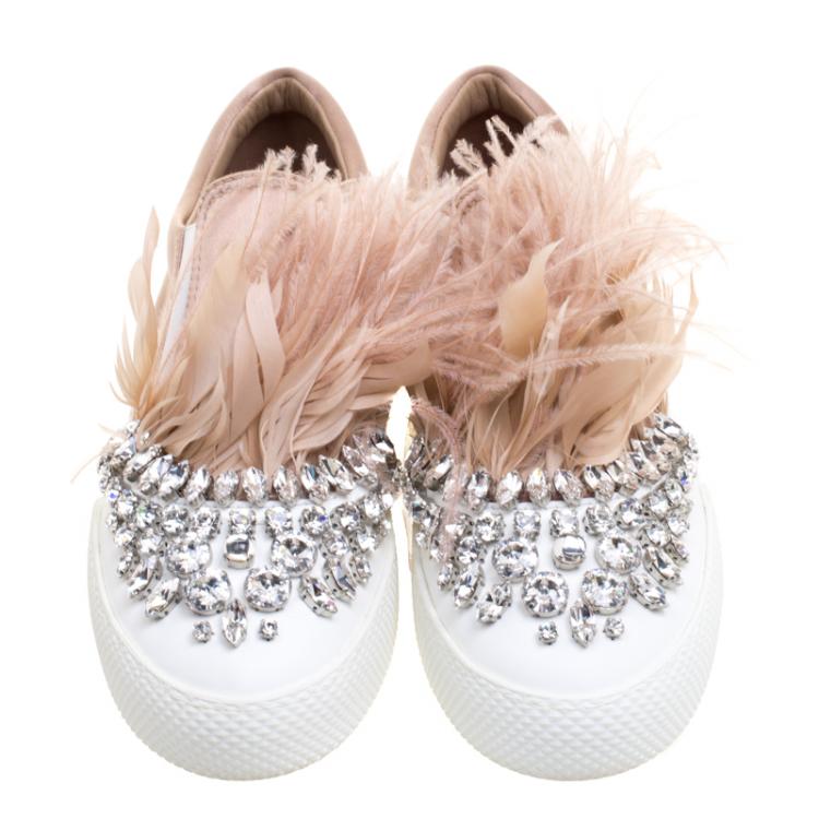 Pre Owned Miu Miu Blush Pink Crystal Embellished Satin With Marabou Feathers  Slip On Sneakers Size 38