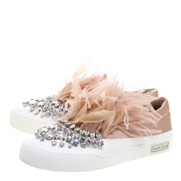 Pre Owned Miu Miu Blush Pink Crystal Embellished Satin With Marabou Feathers  Slip On Sneakers Size 38