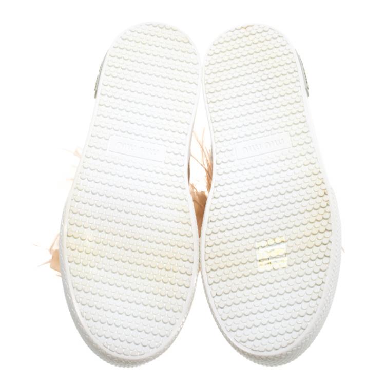 Pre Owned Miu Miu Blush Pink Crystal Embellished Satin With Marabou Feathers  Slip On Sneakers Size 38