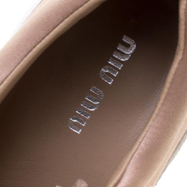 Pre Owned Miu Miu Blush Pink Crystal Embellished Satin With Marabou Feathers  Slip On Sneakers Size 38