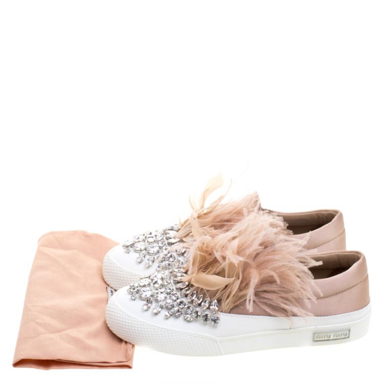 Pre Owned Miu Miu Blush Pink Crystal Embellished Satin With Marabou Feathers  Slip On Sneakers Size 38