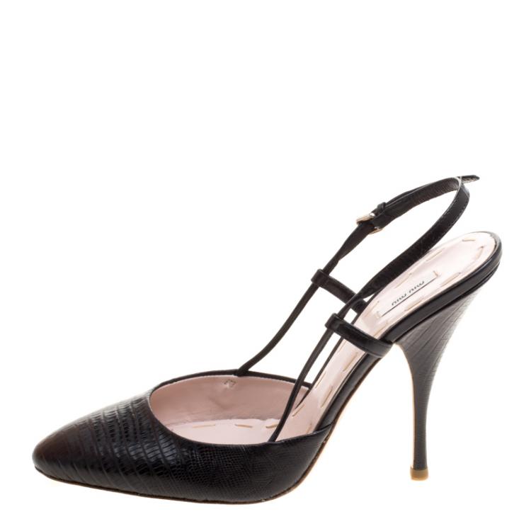 Pre Owned Miu Miu Black Lizard Leather Slingback Sandals Size 38