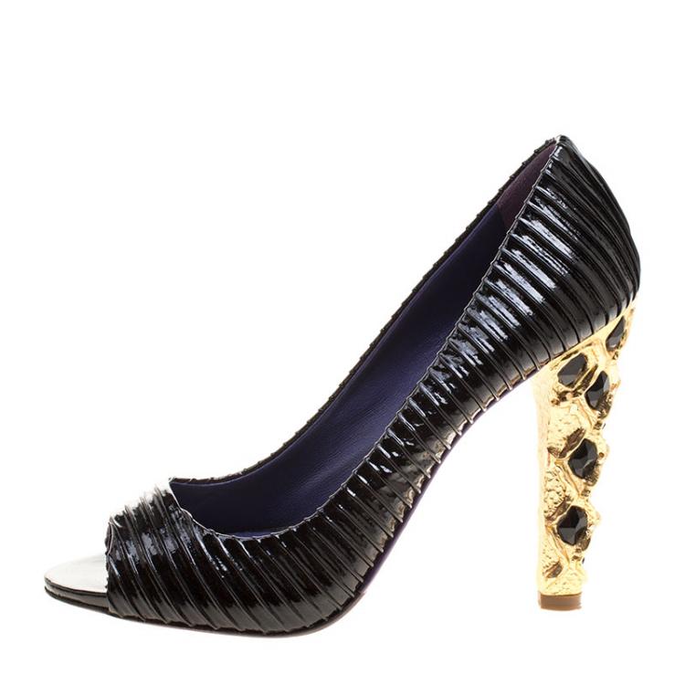 Pre Owned Miu Miu Black Plisse Patent Leather Crystal Embellished Heel Peep Toe Pumps Size 39