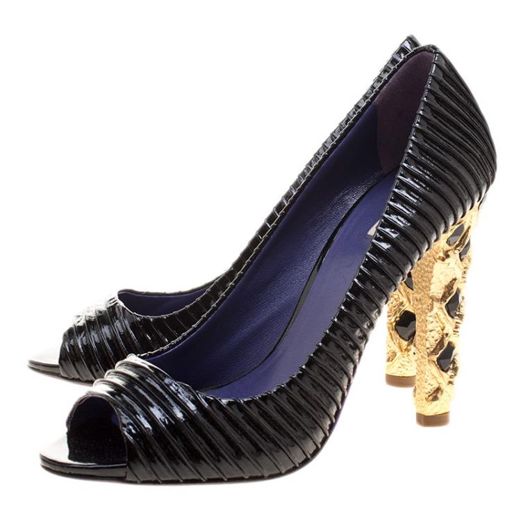 Pre Owned Miu Miu Black Plisse Patent Leather Crystal Embellished Heel Peep Toe Pumps Size 39