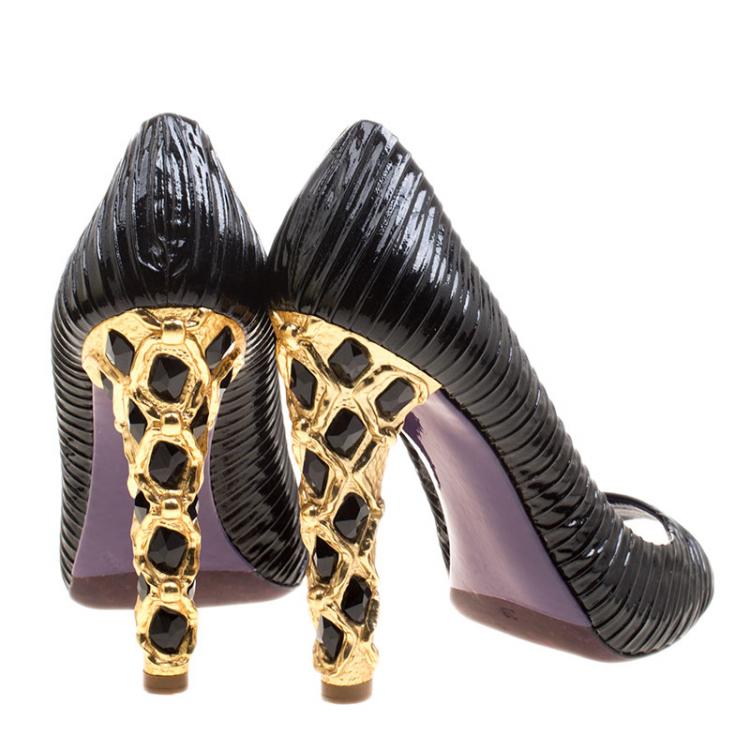 Pre Owned Miu Miu Black Plisse Patent Leather Crystal Embellished Heel Peep Toe Pumps Size 39